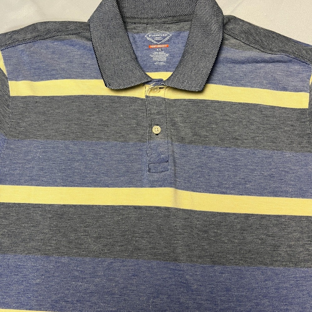 St John's Bay Performance Polo Shirt Striped Casual Short Sleeve Yellow Blue XL
